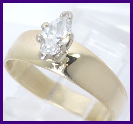   Gold Marquise Diamond Solitaire Wide Band Engagement Ring .34ct  