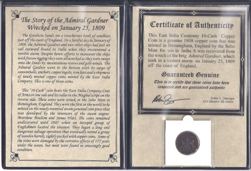   ship wreck 1808 East India Co TEN CASH coin with Certificate and Album