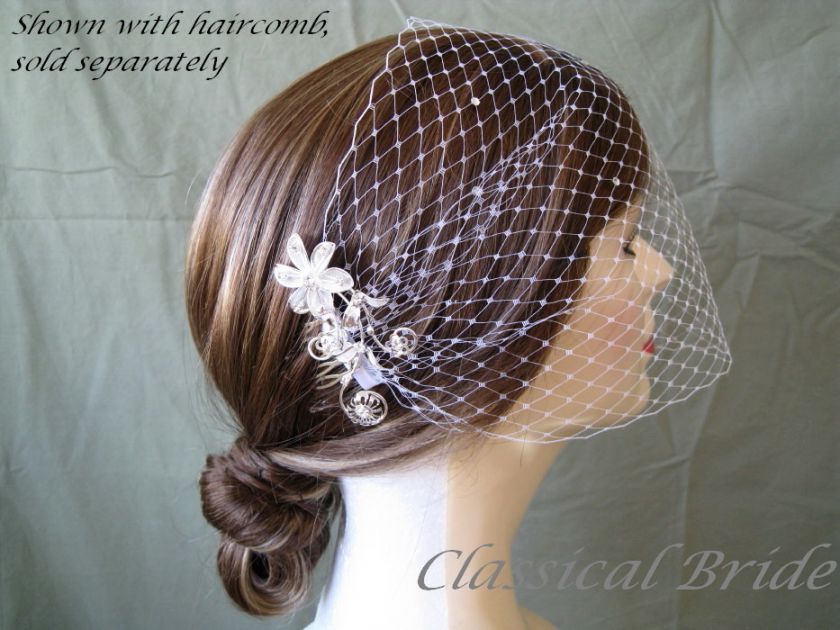   RHINESTONE CRYSTAL 9 Inch Birdcage Blusher Veil In Ivory / White