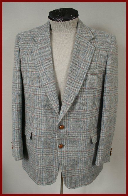 VINTAGE 80s MENS PLAID TWEED BLAZER SPORT COAT 42R  