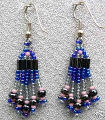 Beaded Earrings Czech Glass Blue Iris Pink Gray Short  