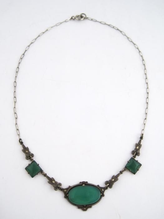 Elegant Vintage 1920s German Green Agate Marcasite Ornate Silver 