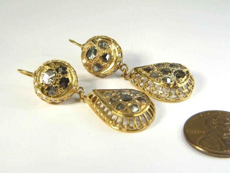   ANTIQUE SPANISH 18K GOLD ROSE CUT DIAMOND DROP EARRINGS c1820  