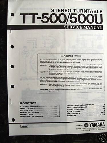 YAMAHA TT 500/500U TURNTABLE SERVICE MANUAL (PAPER)  