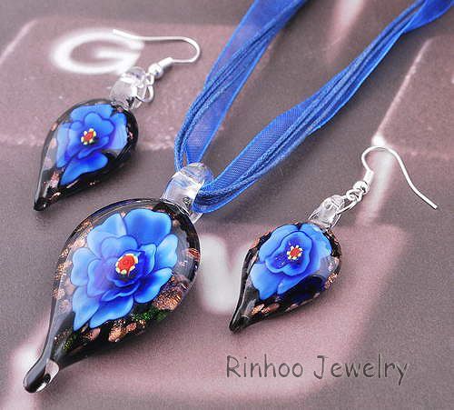 6sets Drop Flower Glass Pendant Necklace Earrings 29461  