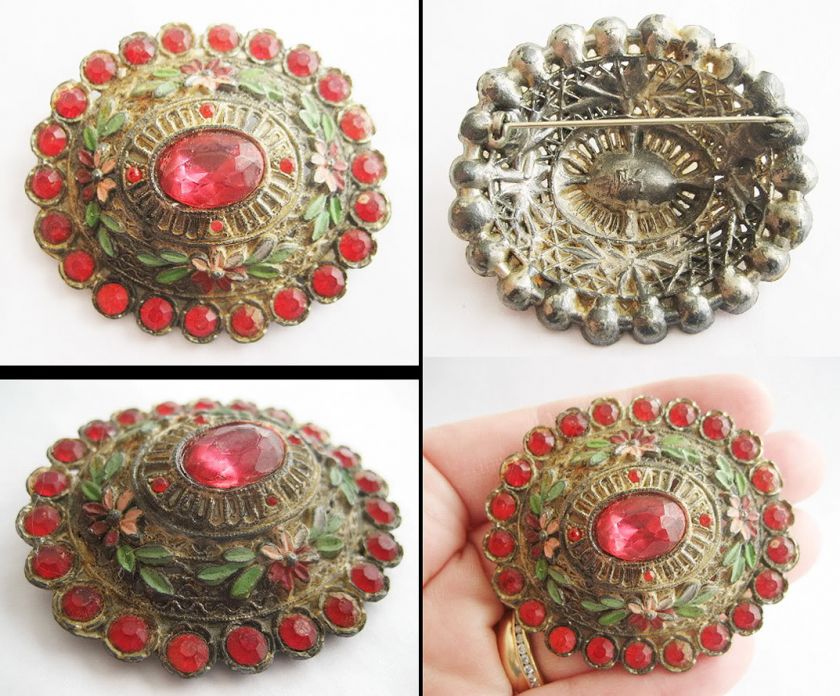 Vintage ORNATE FLOWER Red RHINESTONE PIN Little Nemo LN  