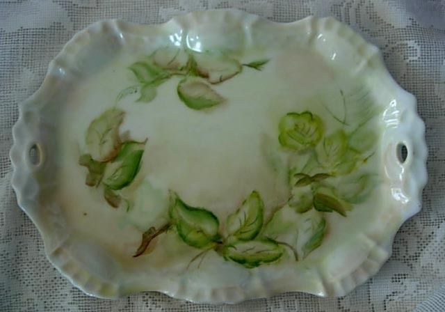   Hand Painted Green Leaves Porcelain Oval Dresser/Vanity Tray  