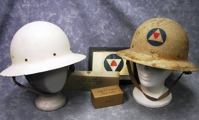 WWII Civil Defense OCD Helmet (2), Police Auxiliary Arm Band, Dressing 