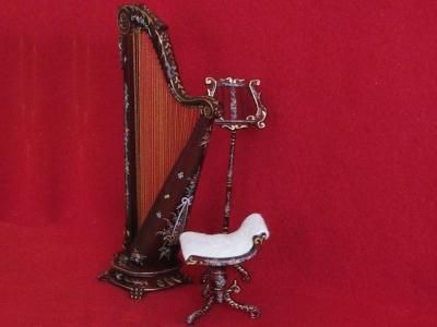   Miniature handpainted Madeline Rose Harp and Chair NEW 112