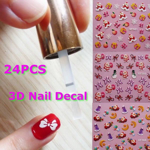 24 X Colorful Father Christmas Tree Snow Design 3D Nail Art Stickers 