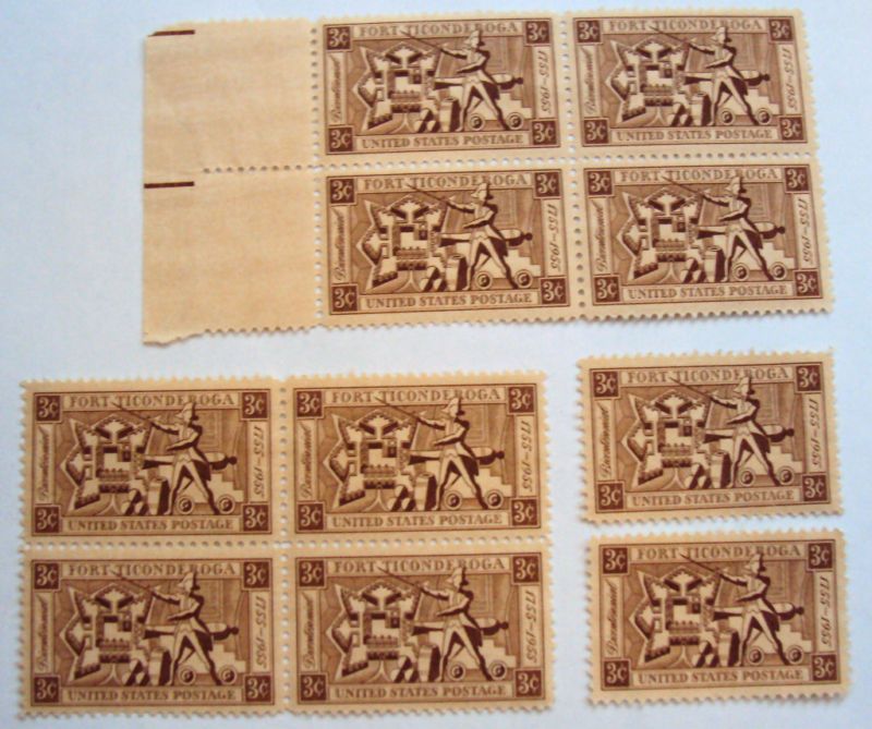 10 SC# 1071 3 CENT FORT TICONDEROGA STAMP BLOCKS 1955  