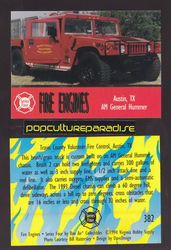 1993 AM GENERAL HUMMER Hum Vee FIRE TRUCK ENGINE CARD Austin, Texas TX 