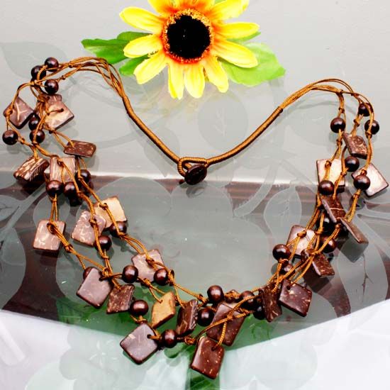 Handmade Brown Coconut Shell Square Beads Necklace 24L  