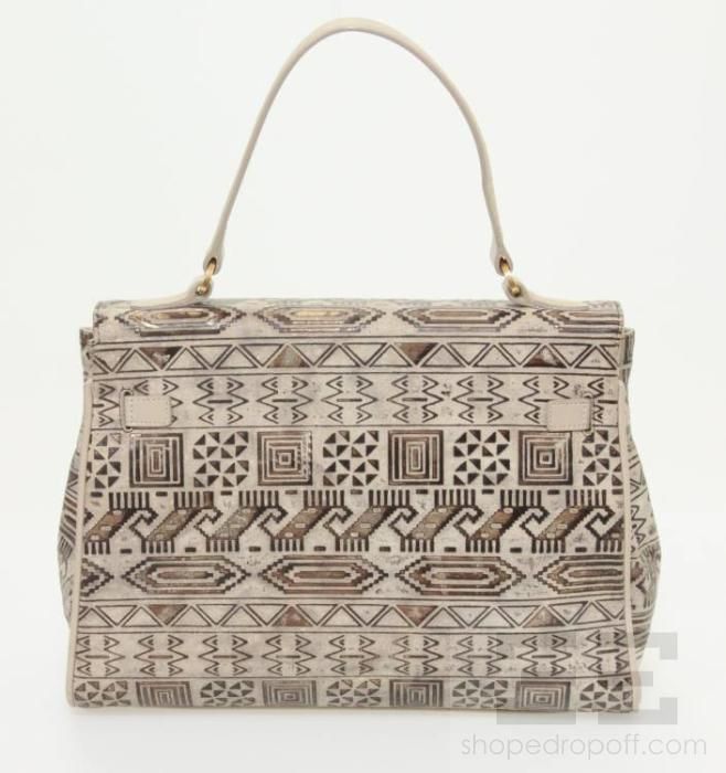 Casa Lopez Beige & Copper Tribal Print Leather Handbag  