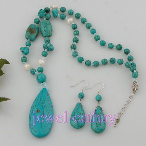 18mm Natural TURQUOISE Beads Tear Drop Pendant Necklace Earrings Set