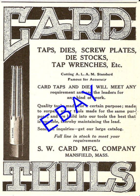 OLD 1911 CARD TOOL TAP DIE SCREW PLATE AD MANSFIELD MA  