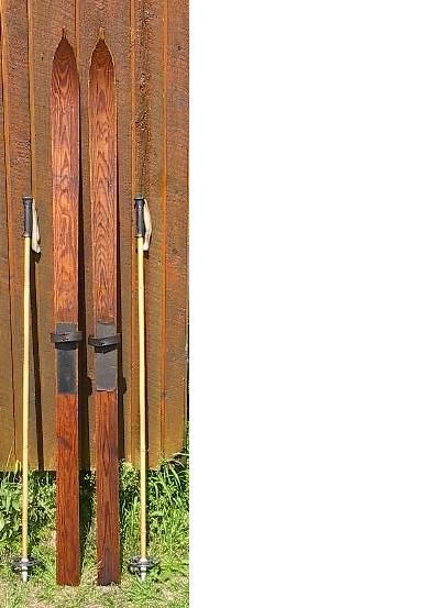 VINTAGE Wooden Skis 71 w/ POINTS + Bamboo Ski Poles  