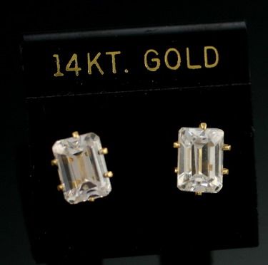 14K Gold CZ 2 Carat Pierced Stud Emerald Cut Earrings  