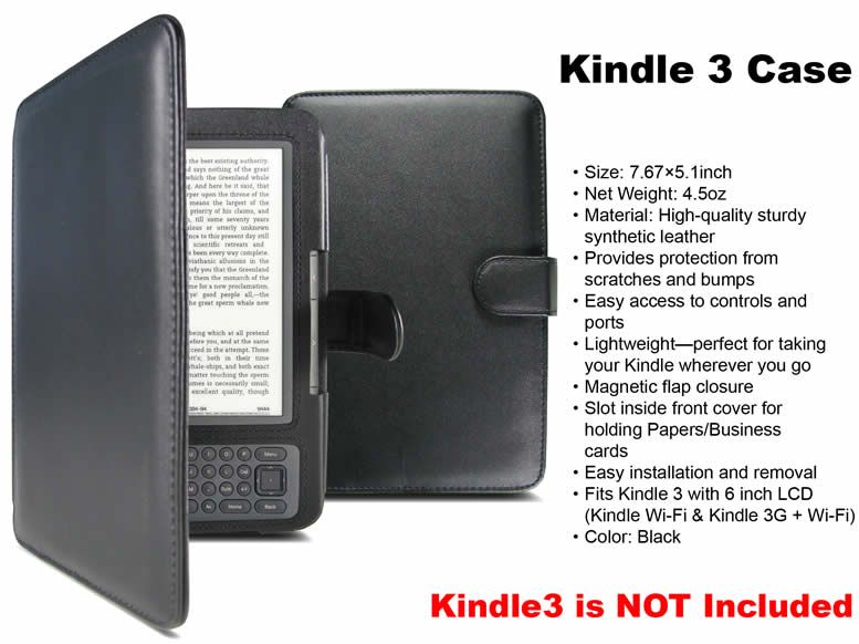  Kindle 3 Black Leather Sleeve Case Cover 3G WiFi  