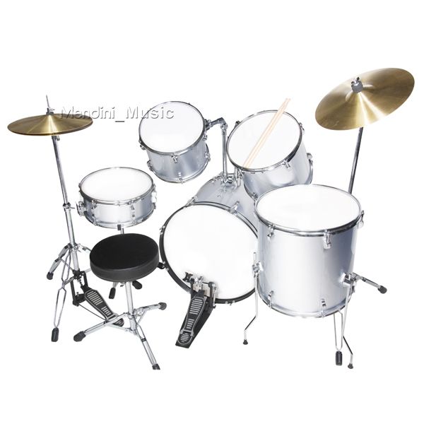 NEW 5 PIECE SILVER FULL SIZE DRUM SET +CYMBALS & THRONE  