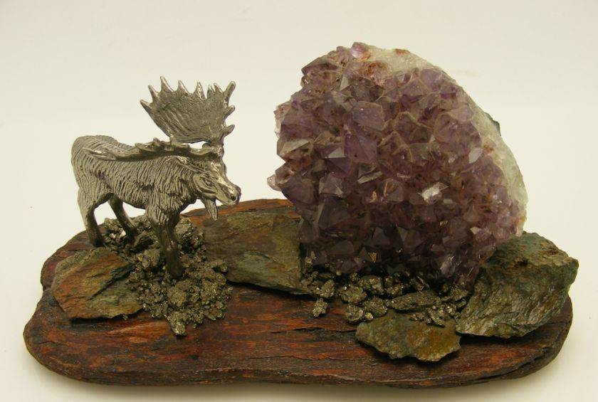 Moose Scene Sculpture Carving Diorama Amethyst Geode  