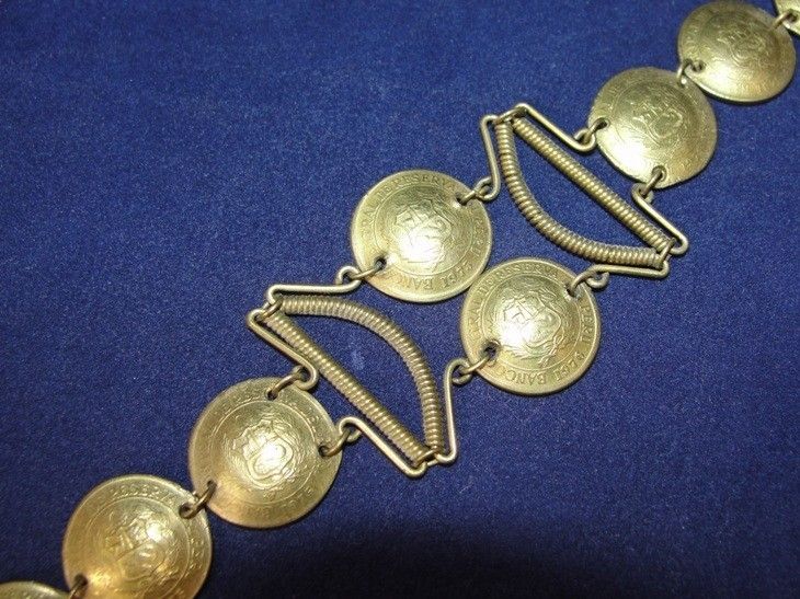 Vintage 70s Artisan Brass Peruvian Real Coin Bracelet Sol De Oro 