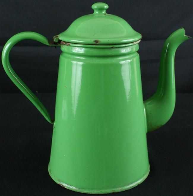 ANTIQUE FRENCH GREEN ENAMEL KETTLE TEAPOT PITCHER  