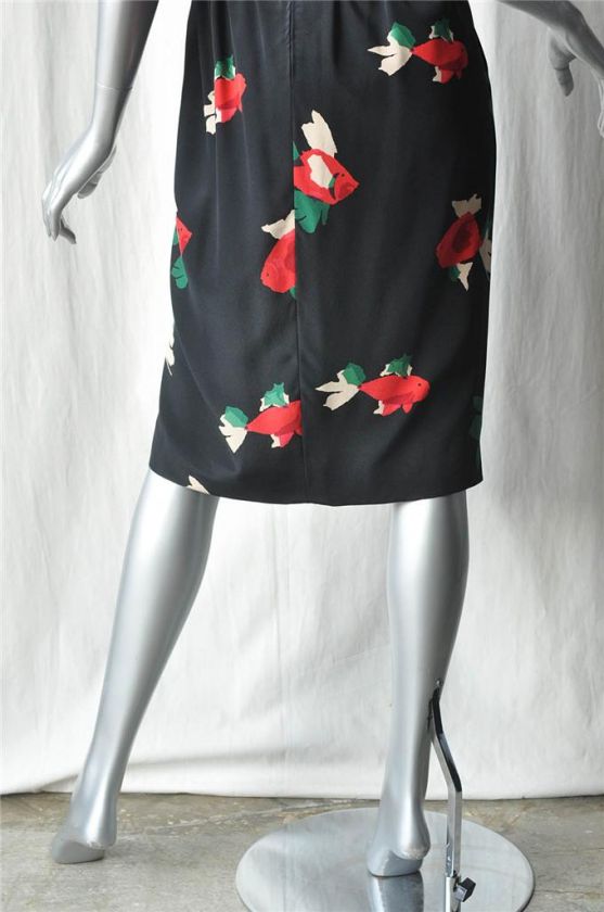 HALSTON Black *VINTAGE*SILK Sleeveless Goldfish Dress S  