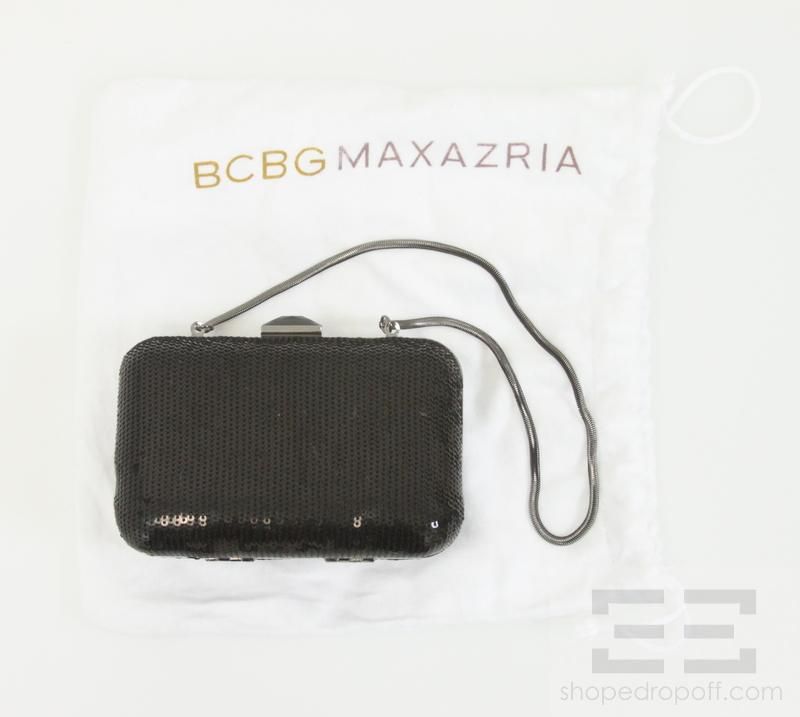 BCBG Max Azria Black Sequin Silver Frame Evening Clutch Handbag  