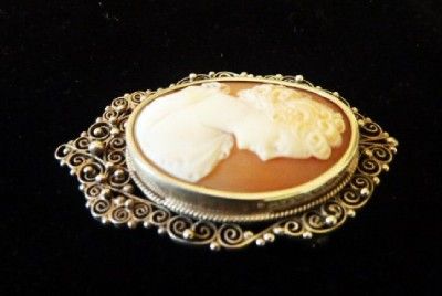  Italian 800 Silver Carved Shell Cameo Brooch Roman Woman *BEAUTIFUL 