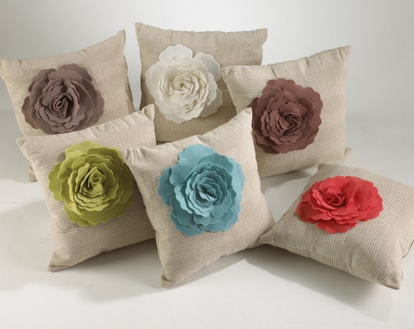 UNIQUE FELT ROSE DECORATIVE THROW PILLOW 17 SQUARE   6 CUTE COLORS 