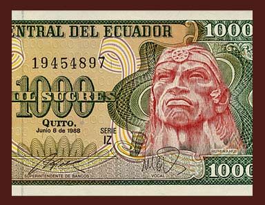 1000 SUCRES Banknote of ECUADOR   1988   INCA WARRIOR Rumiñahui 