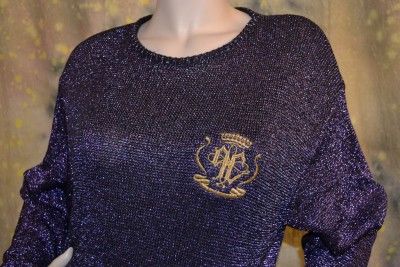 vtg 80s MeTaLLiC PURPLE crest SWEATER LeGGy MiNi sz M L PIERRE CARDIN 