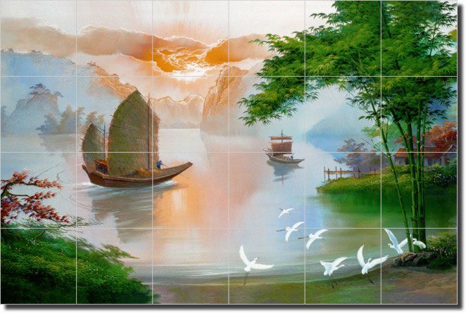 New Bettiri Oriental Orient Boat Ceramic Tile Mural  