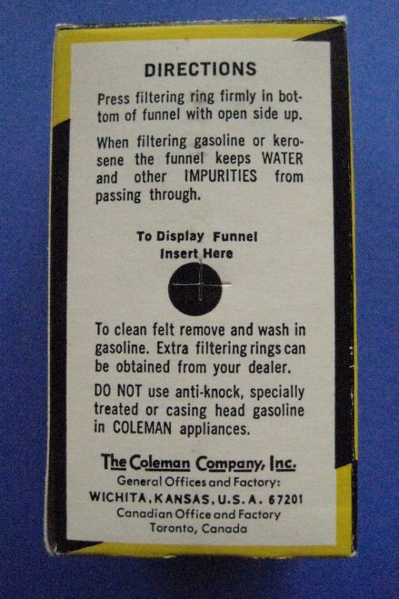 Vintage Coleman No. 0 Fuel Filter Funnel NIB   lantern  