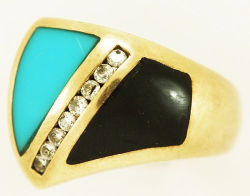 SOUTHWEST VINTAGE GOLD TURQUOISE ONYX 8 DIAMOND RING  