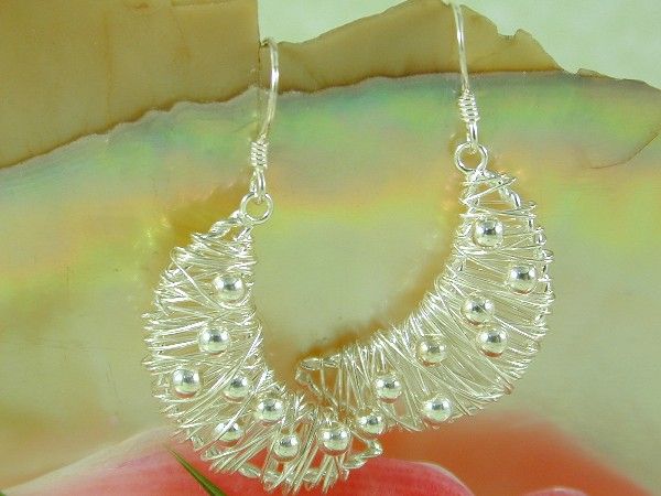   Beaded Thai Solid 92.5% .925 Sterling Silver Wire Wrap Earrings  