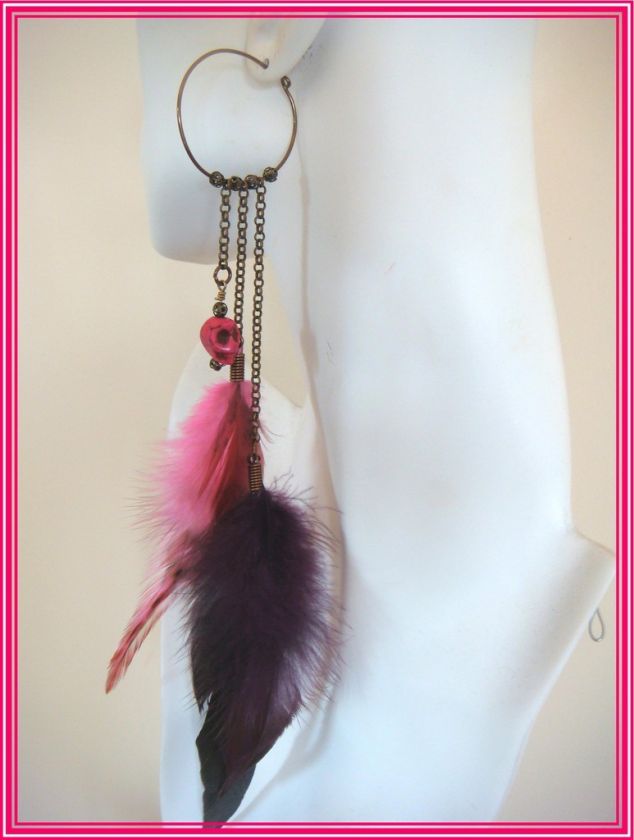 BOHO HOT PINK SKULL & FEATHER HOOP EARRINGS 8 LONG  