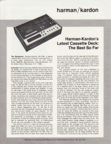 Harman/Kardon HK 1000 Cassette Deck Brochure  