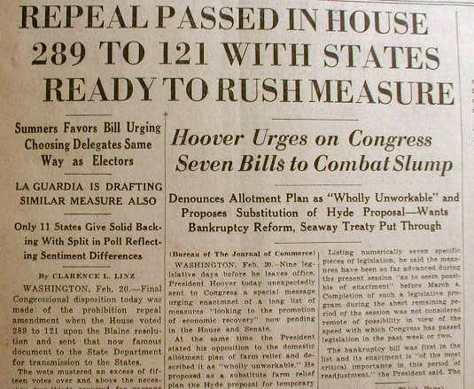 1933 newspaper w display Headline   REPEAL OF PROHIBITION   the 18th 