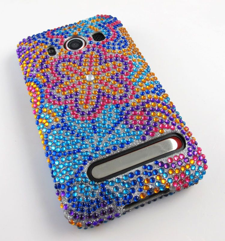 COLORFUL FLOWER DIAMOND RHINESTONE HARD CASE HTC EVO 4G  