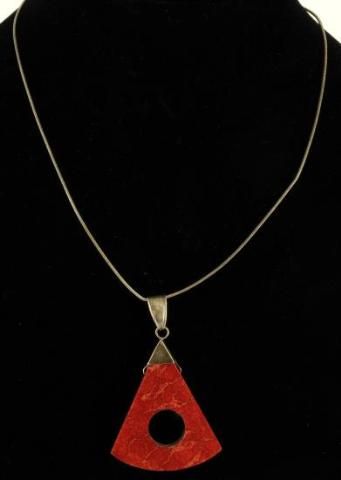   Silver & Red Sponge Coral Necklace and Pendant Triangle Circle  