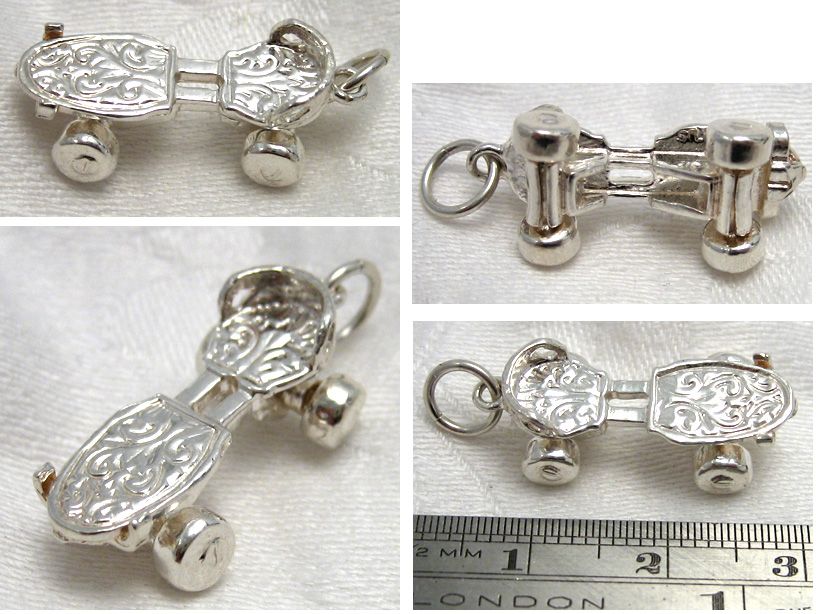 Sterling Silver 925 Charm Roller Skate Wheels Spin  