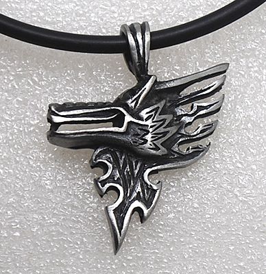 TRIBAL TATTOO STYLE WOLF DRAGON HEAD on Flame Silver Pewter Pendant 