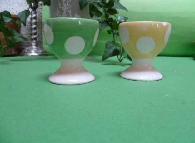 french CERAMIC Egg CUPS w/ POLKA DOTS pattern marked AFIBEL  